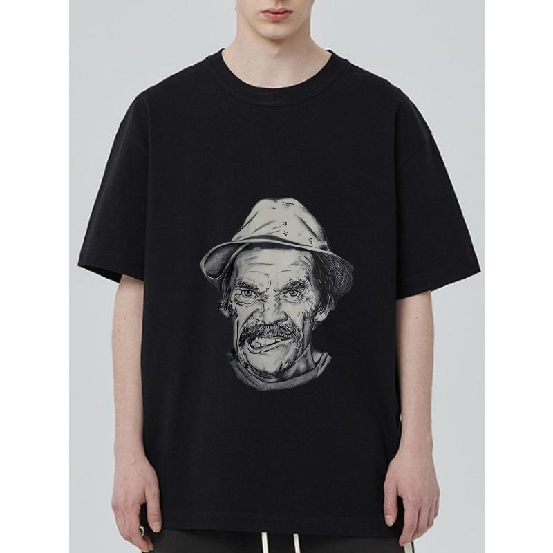 

Oversized T Shirt Black Man with Hat and Mustache Graphic Print Casual Streetwear Fashion Unisex Top for Everyday Wear XXXXL чёрный