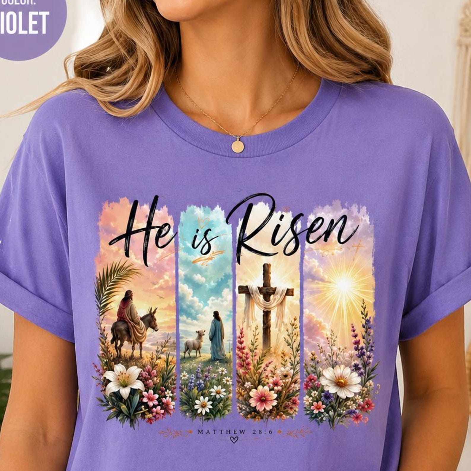 He Is Risen Easter Christian T-Shirt | Matthew 28:6 Religious Tee | Faith Based Easter Shirt | Floral Cross Jesus Resurrection Gift S