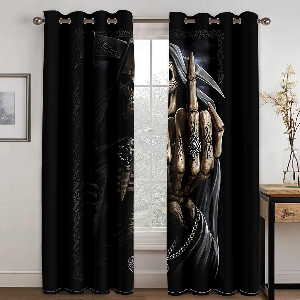Cortinas Decorativas de Halloween 3D para Ventana de Sala de Estar, Dormitorio, Balcón con Diseño de Calavera Negra Masculina, 2 Paneles