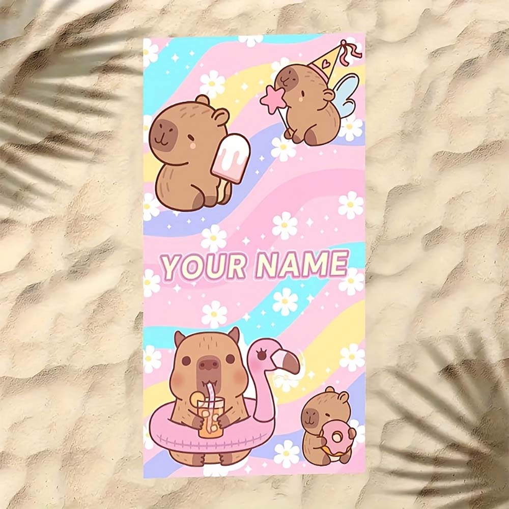 1Pc Cute Capybara Beach Towel, Custom Name Kawaii Summer Beach Blanket For Kids Adults