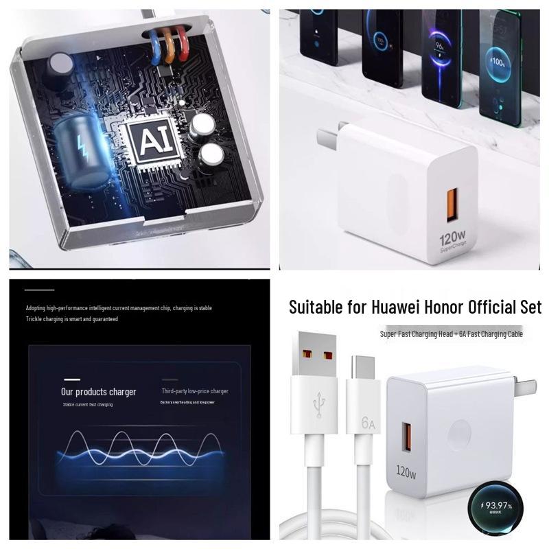 120W High-Efficiency Fast Charger with 6A Cable for Huawei P40/Mate50pro and Honor 66W