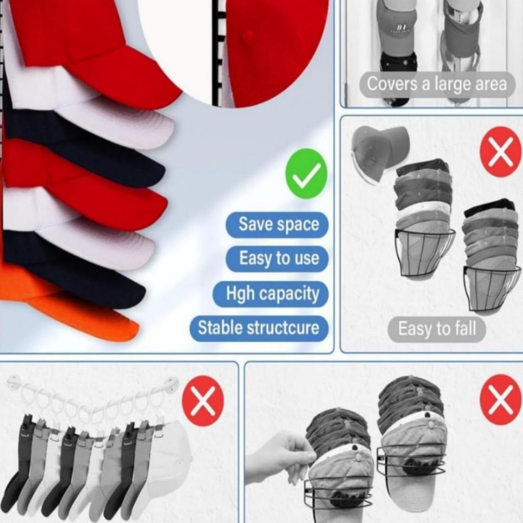 2pcs Wall Mounted Storage Rack Baseball Hat Hat Organizer Hat Storage Display Hat Hooks Up To 16 Hats Display Bracket for Hat Storage Hat Organizer