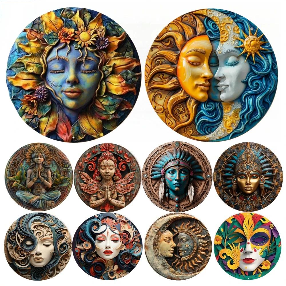 High Definition Metal Tin Sign Set Bohemian Sun Moon Goddess Round Wall Art Decor for Spiritual Home