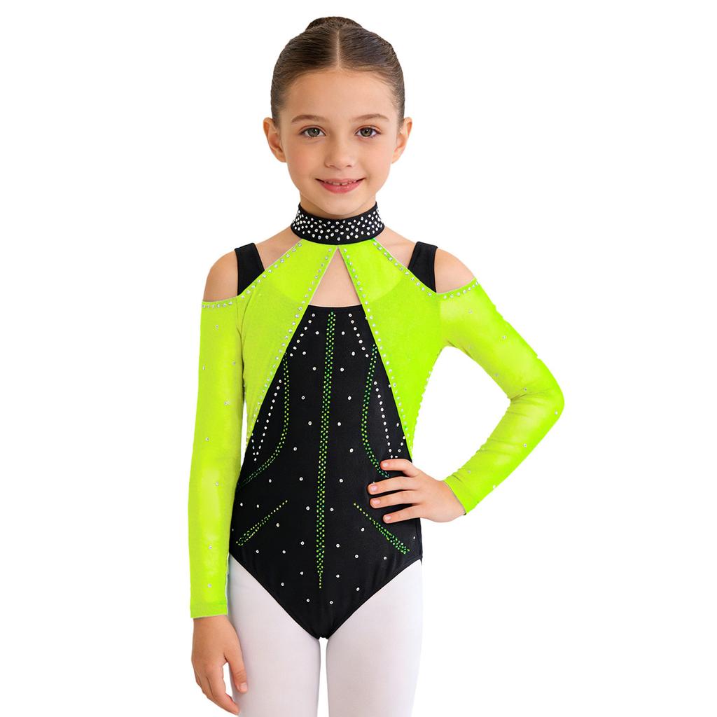 Kombinezon Gimnastyczny dla Dziewcząt Wycięcia Siateczkowe Patchwork Błyszczące Cyrkonie Color Block Body Baletowe