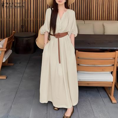 Women Summer Round Neck Loose Half Sleeve Baggy Dress