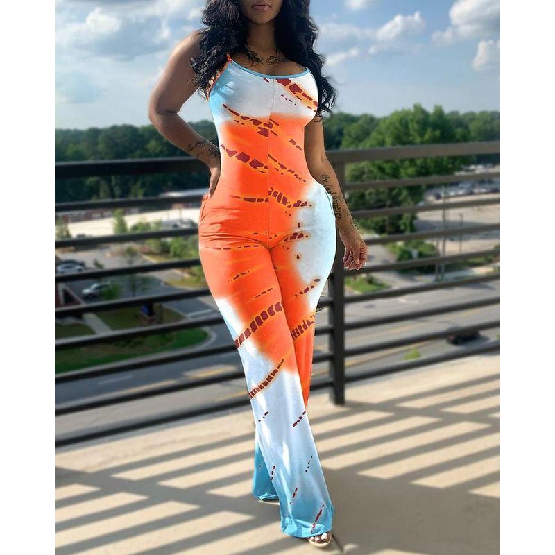 

Slim Print Suspender Jumpsuit Fashion Temperament Slim fit Print Sling Jumpsuit Women clothes Orange Blue Print M