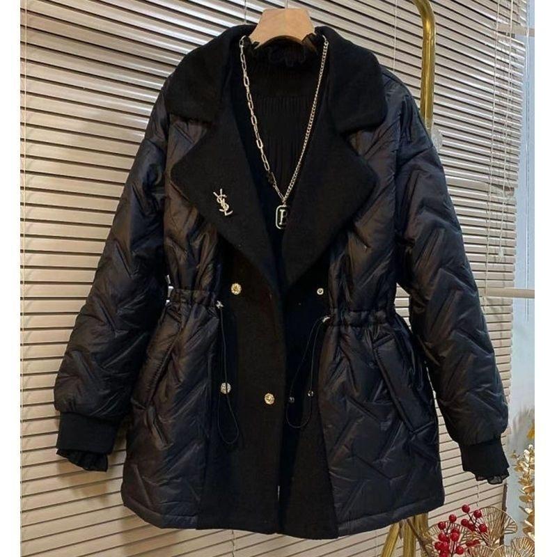 

Winter Long Parkas Women Down Cotton Jacket Large Lapel Elastic Waist Snow Outwear Fashion Warm Waterproof Patchwork Coat 6XL чёрный