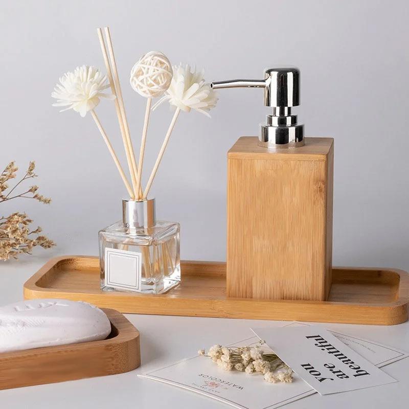 Nanzhu Wooden Shower Gel Dispenser Hand Soap Bottle Square Shower Gel Shampoo Container Handmade Bathroom Restaurant Hotel