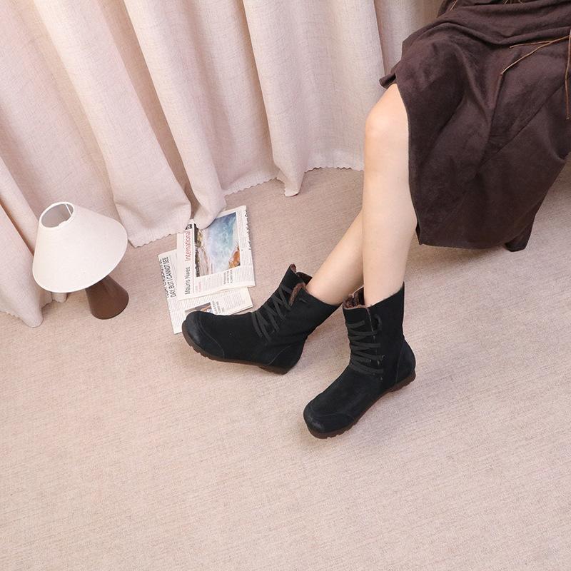 Johnature Plush Cow Suede Plush Women's Mid-calf Boots Retro Lace-up Warm Flat Bottom Snow Boots