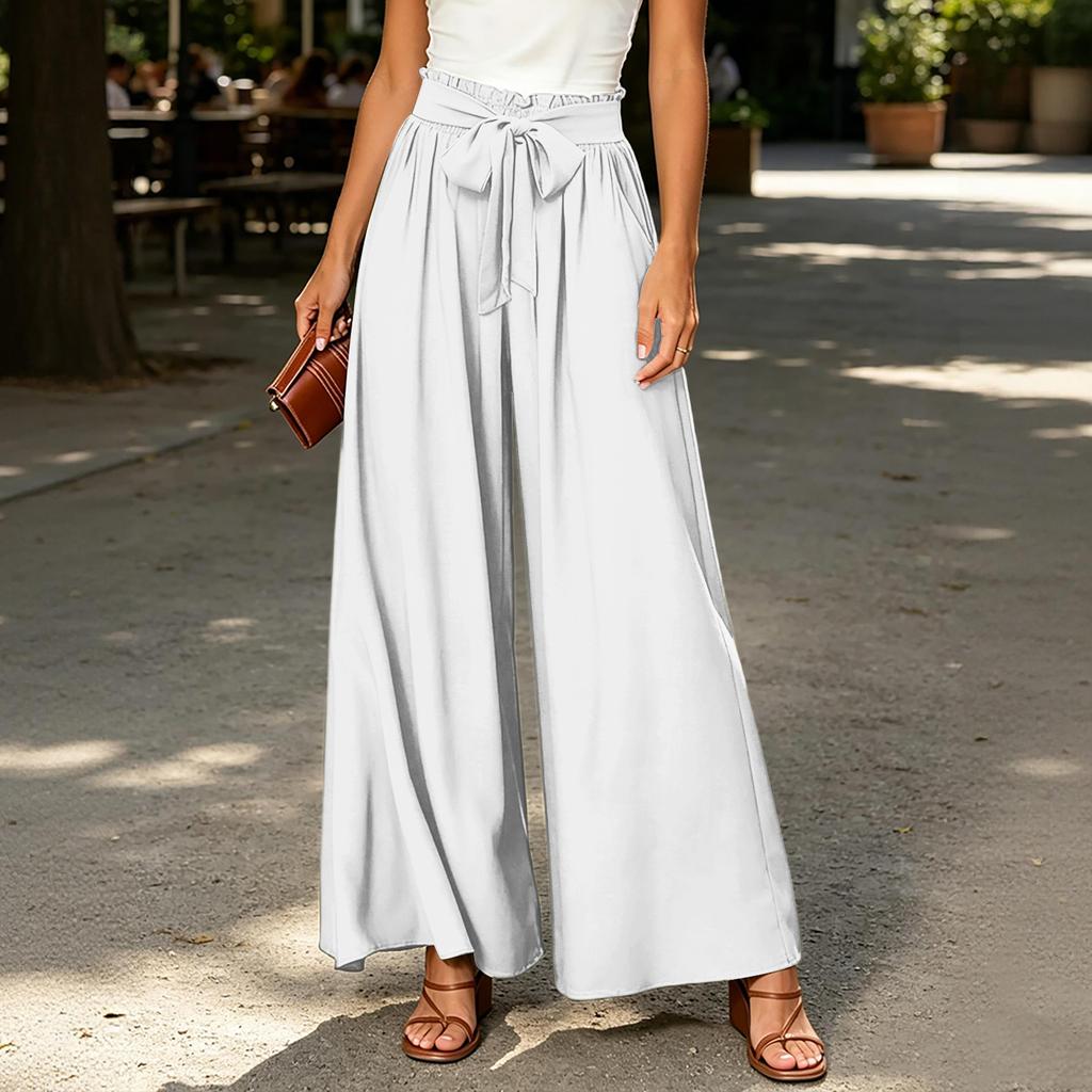 Women's High Waist Wide Leg Pants Bohemian Style Palazzo Trousers with Tie Waist and Pockets Casual Loose Fit Long Pants