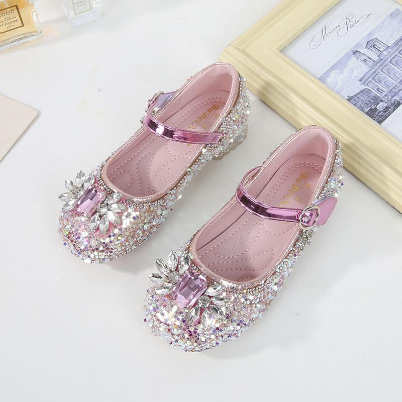 2024 New Autumn Crystal Princess Sequin High-Heel Leather Shoes for Girls