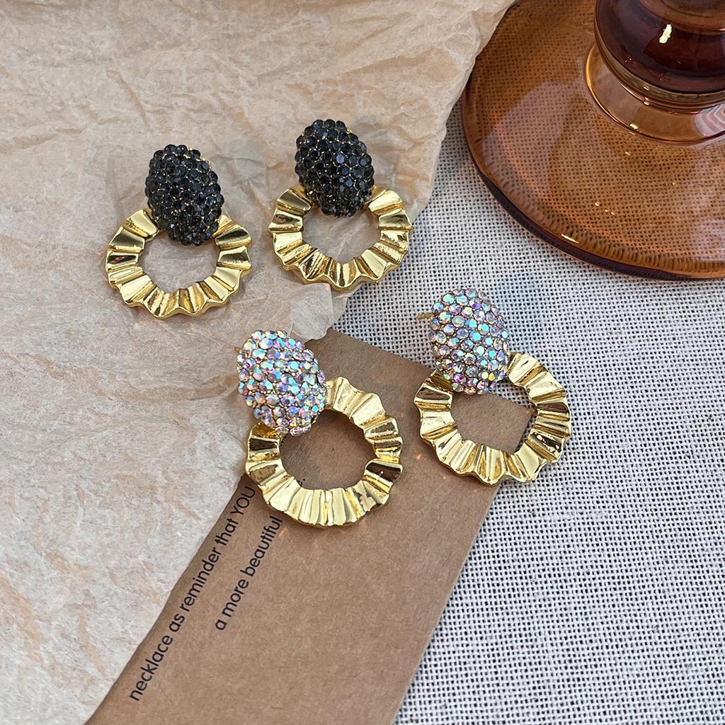 Court Style Diamond-Set Pleated Round Earrings Retro Exaggerated Temperament Light Luxury High-End Earrings Women