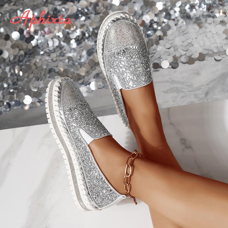 Aphixta Luxury Silver Crystals Flats Women Slip On Red Sexy Platform Casual Women Shoes Sewing Flats Female Rhinestone Loafer