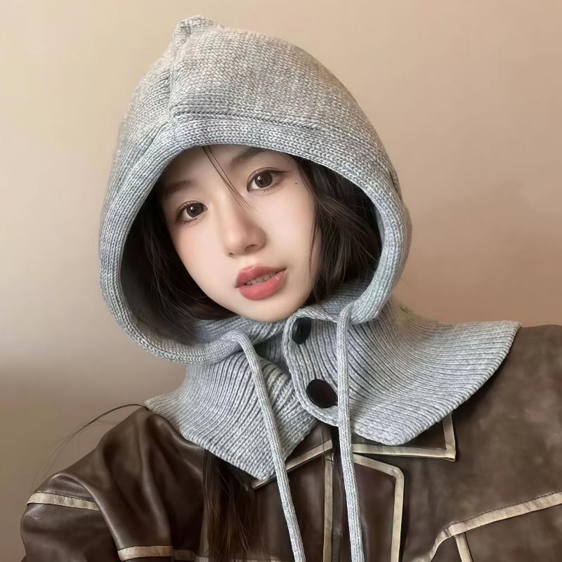 Unisex Knitted Balaclava Caps with Drawstring, Warm Winter Hats, Outdoor Hooded Beanie with Neck Collar Scarf