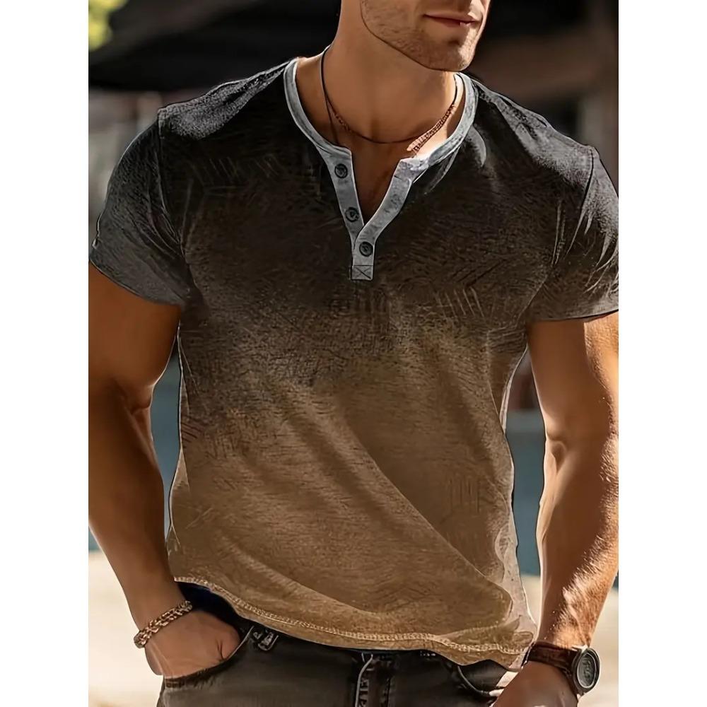 New Men's Casual Striped Gradient Henley-neck Short-sleeved Henley Shirt