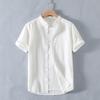 New Stand-up Collar Short-sleeved Cotton and Linen Shirt Men's Fresh Solid Color Loose Shirt