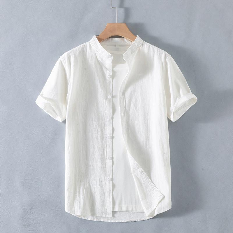 New Stand-up Collar Short-sleeved Cotton and Linen Shirt Men's Fresh Solid Color Loose Shirt