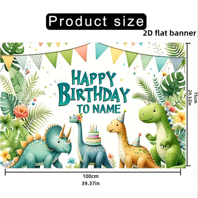 Watercolor Dinosaur Birthday Banner, 2D Flat Customizable Name Party Background with Tropical Leaves & Cute Dino