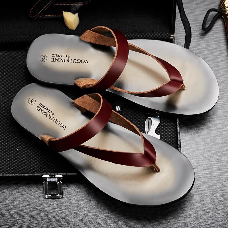 Men's Top Grain Cowhide Genuine Leather Non-Slip Summer Slippers - Trendy, Breathable, Versatile Flip Flops for the Beach