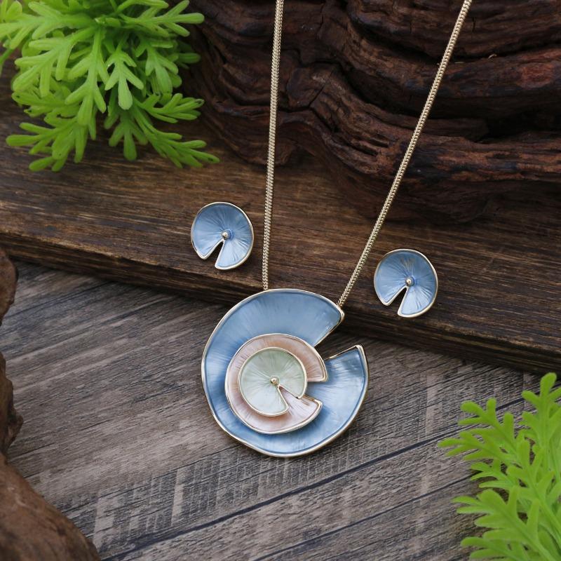 New enamel color irregular lotus leaf stud earrings pendant set women's fashion simple lotus leaf necklace