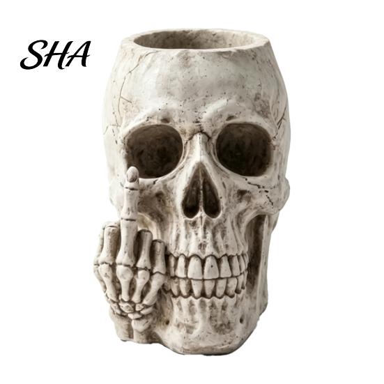 Small Fern Planting Pot Gothic Skull Planter with Middle Finger Design, Resin Skeleton Flower Creative Art Decor for Succulents, Funny Plant Ornament