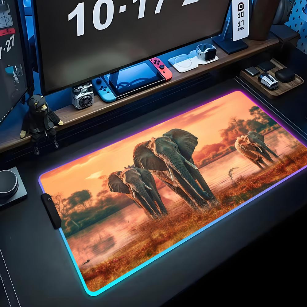 

African elephant Mouse Pad RGB Gaming Mousepad Big LED Pad PC Desk Mat Luminous Mouse Pad Large Keyboard Mats Table Rug With 600x300x3mm