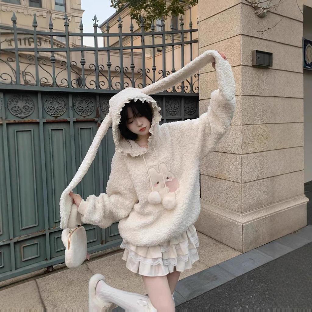 Women's Rabbit Ear Hooded Lamb Wool Sweater Jacket - Winter Velvet, Thickened, Sweet, Age-Reducing, Loose Top Trend