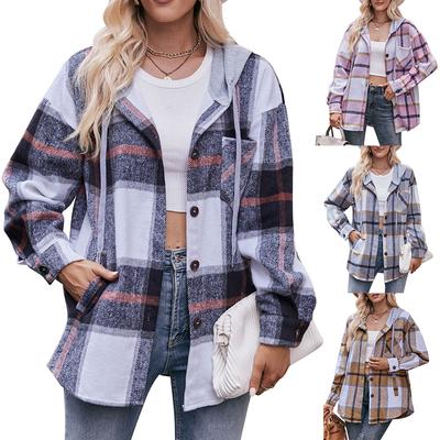 2024 Nova Moda Outono e Inverno Camisa Xadrez Simples Casual com Capuz Casaco Feminino de Comprimento Médio Solto e Confortável para o Dia a Dia