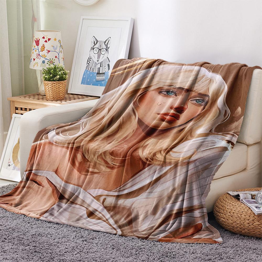 1 ks Flanelová deka s potiskem Billie Eilish, Vysoká kvalita, Pro všechna roční období, Domácí dekorace, Teplo a pohodlí, Perfektní jako vánoční dárky