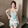 Floral Mesh Low-Cut Strappy Mini Dress with Ruffle Waist-Cinched Slim Fit