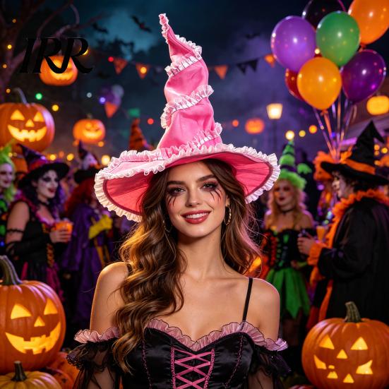 Non-itchy Halloween Hat Women's Large Ruched Witch Hat, Felt Wizard with Elegant Dark Ruffle/Flowers/Mesh, Adults Cosplay Costume for