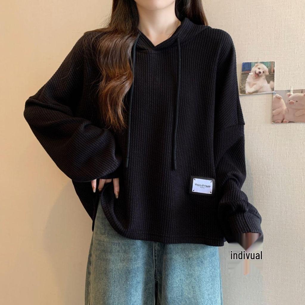 Women's Plus Size Ribbed Hoodie, Long Sleeve, 2025 Autumn/Winter, Korean Style, Loose, Slimming, Versatile, Warm Top