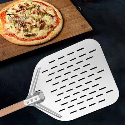 Hohler Pizzaschieber Pizzaschaufel mit langem Griff Große Oberfläche Edelstahl 12-Zoll-Pizzapaddel mit Holzgriff Hochtemperaturbeständige Pizza