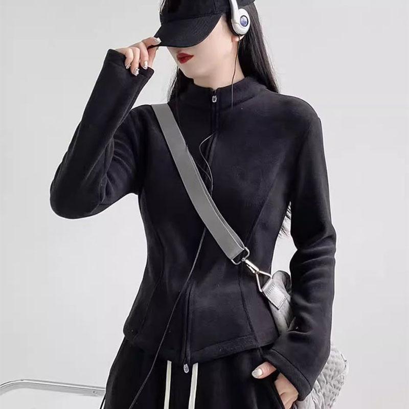 Women Stand Collar Fleece Jacket Lady Girls Zip-up Sport Style Yoga Jacket Solid Cardigan Jacket