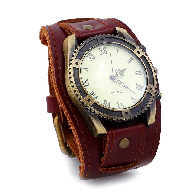 Relogio Retro Big Wide Genuine Leather Strap Watch Men Punk Quartz Cuff Watch Wristwatches Bracelet Unusual Wrist Watch