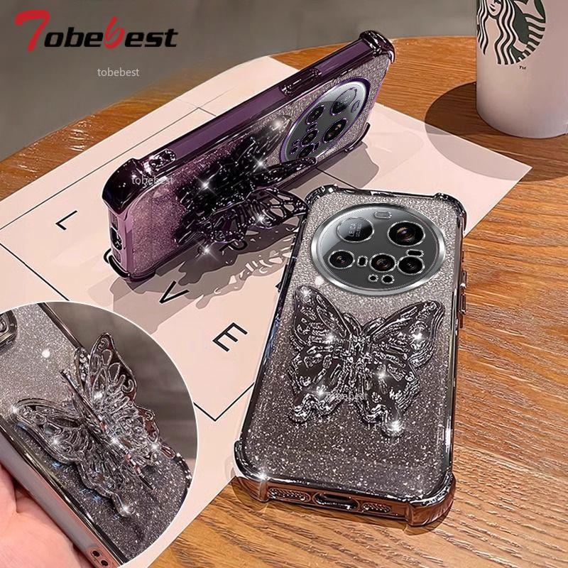 Shockproof Glitter Plating Case for Xiaomi 15 Ultra 14 14T 13 12 11 Pro Lite 3D Butterfly Phone Holder Bead bracelet Back Cover