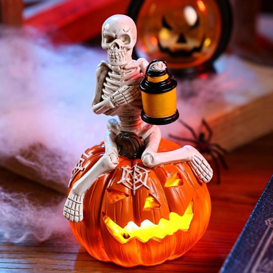 Halloween Pumpkin Skeleton Figurine, LED Light-Up Decorative Pumpkin Lantern, Spooky Holiday Decoration for Halloween Parties & Ghost Festivals