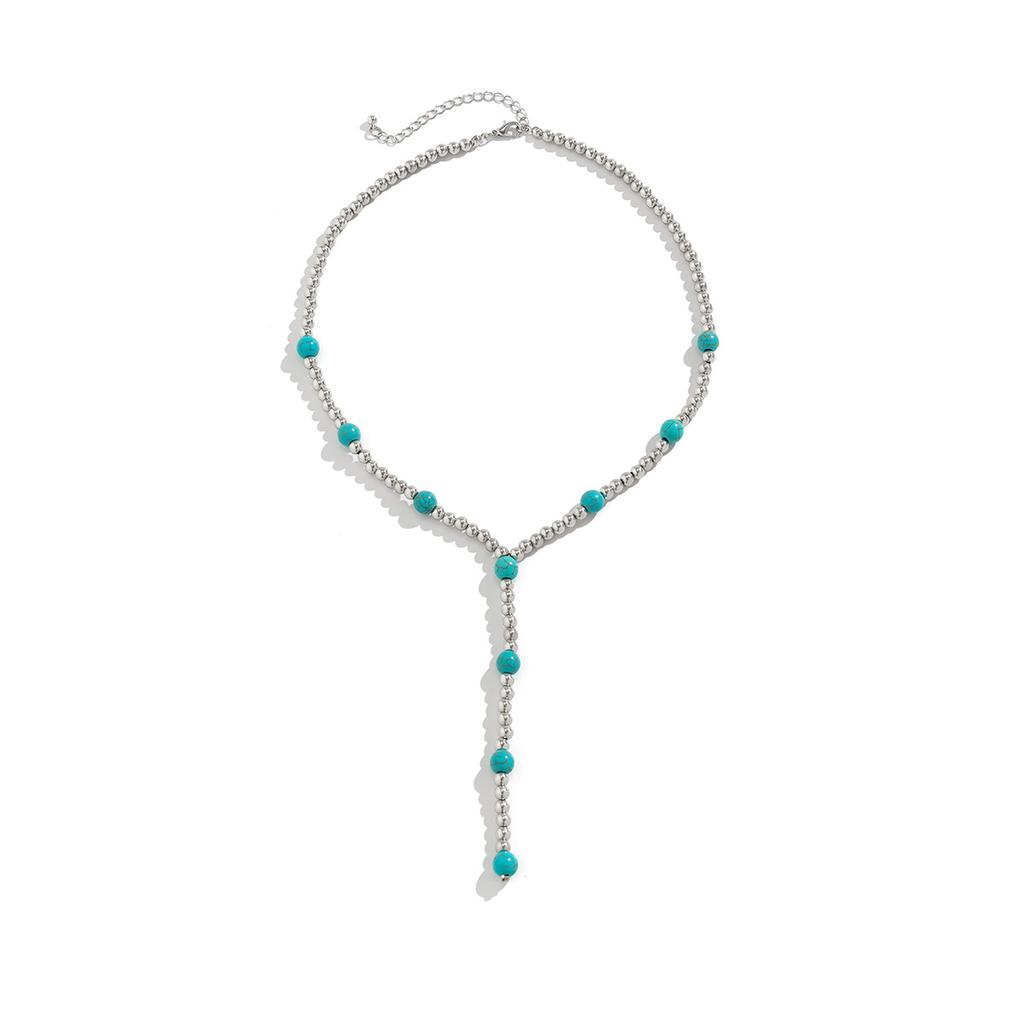 Accessories, temperament Y-shaped beaded fringed necklace women, niche simple round bead turquoise geometric necklace