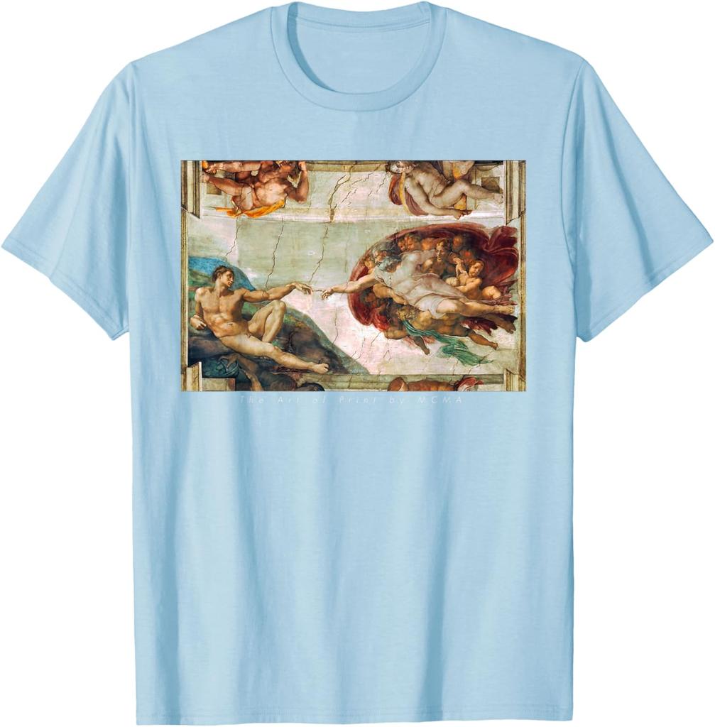 De Schepping van Adam Michelangelo Sixtijnse Kapel Grafisch T-shirt Casual Korte Mouw Katoenen T-shirt voor Mannen
