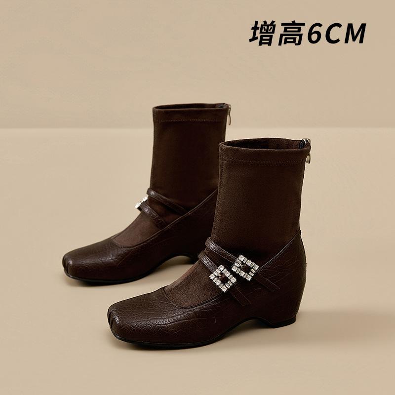 Vintage Square Head Rhinestone Buckle Elastic Boots Women's Slope Heel Skinny Boots Leather Cloth Splicing Medium Tube Mary Jane Boots Autumn Boots