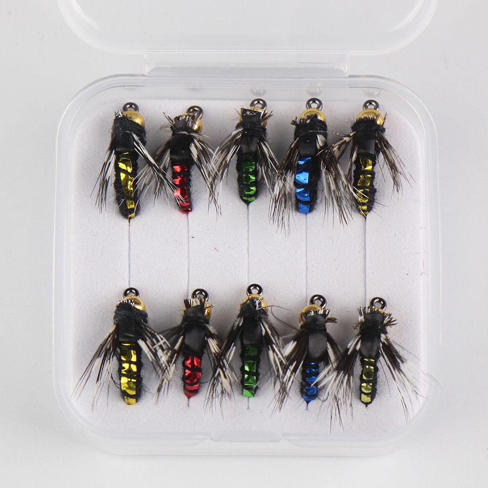 Gran Venta 5/10 Piezas Señuelos Artificiales de Pesca de Insectos, Cabeza de Latón de Hundimiento Rápido Scud Gusano Mosca Set de Señuelos para Pesca de Trucha