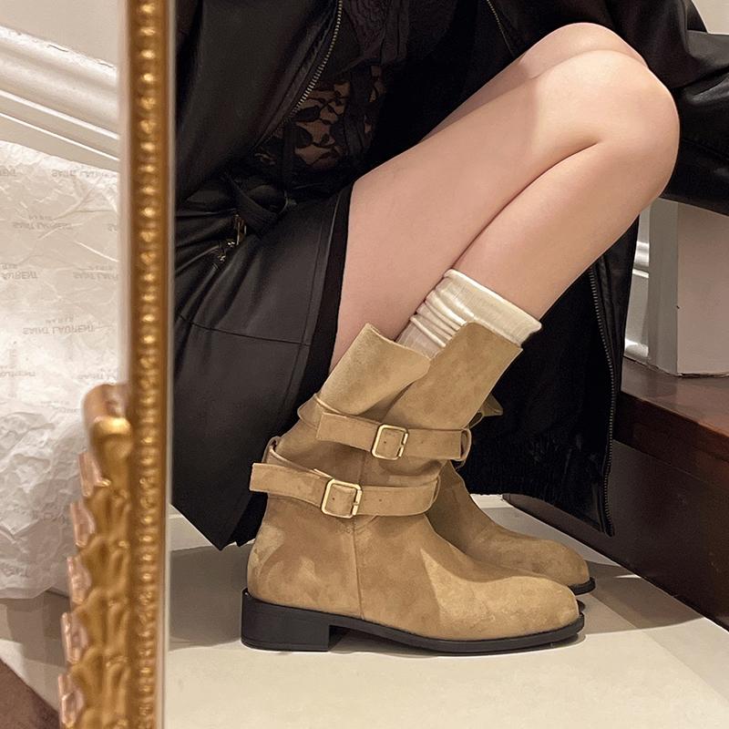 Fashion New Style Fashion Women's Vintage Pointed Toe Block Heel Plus Size Metal Belt Buckle Skinny Thigh Boot Luxury Leather Tall Boots