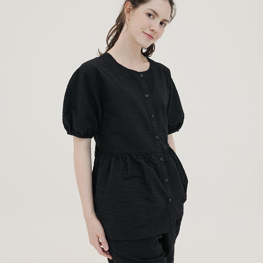 CHIQUITA Cotton Seersucker Blouse + Belt Black 250711Bk