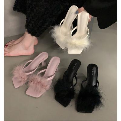 Nuove Estive Tacchi Alti Trasparenti Pantofole di Pelliccia Sandali con Piume da Donna Mules Peep Toe Décolleté Ciabatte Scarpe da Festa Rosa
