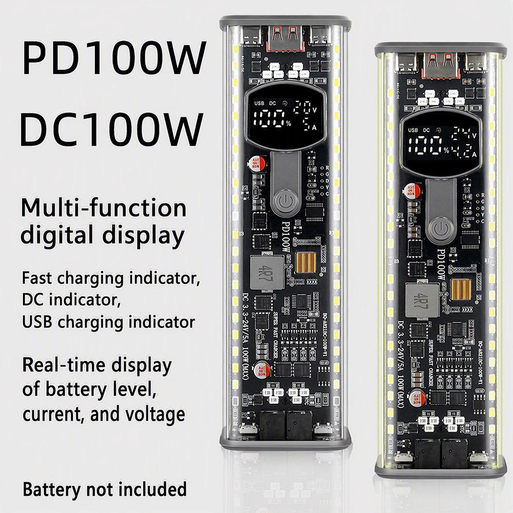PD 100W Super Fast Charging Power Bank Case 8-Cell 21700 Battery Holder for Mobile Phone Power Supply High-Brightness LED Light