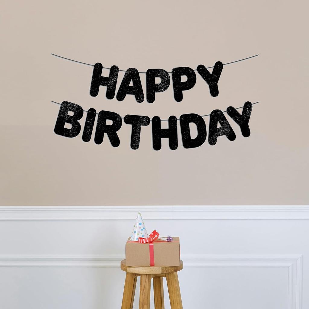 Pre-Strung Happy Birthday Black Glitter Banner, Black Birthday Party Decorations for Men, BDAY Party Backdrop Sign for Him