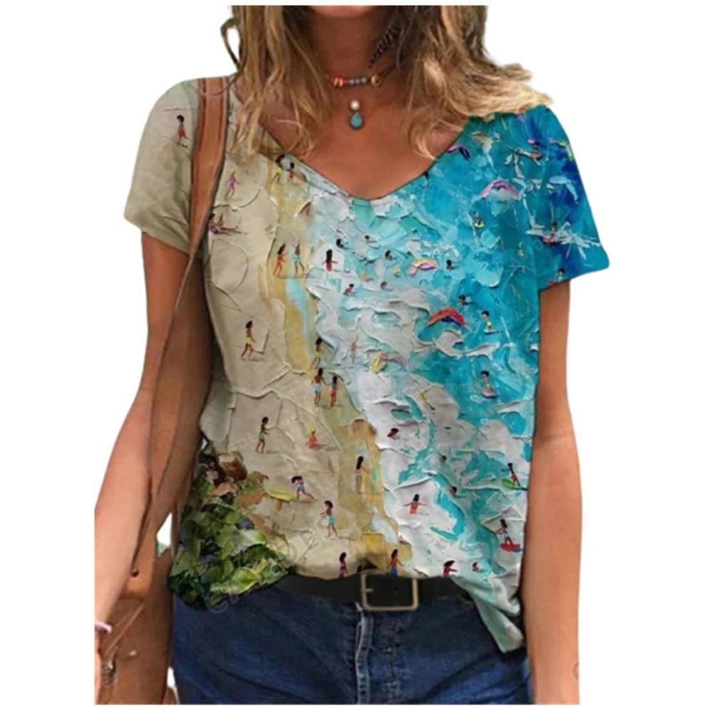 Women's Summer T-shirt Fashion 3d Plant Print Streetwear Women's Casual V-neck Short-sleeved Loose Top T-shirt 2025