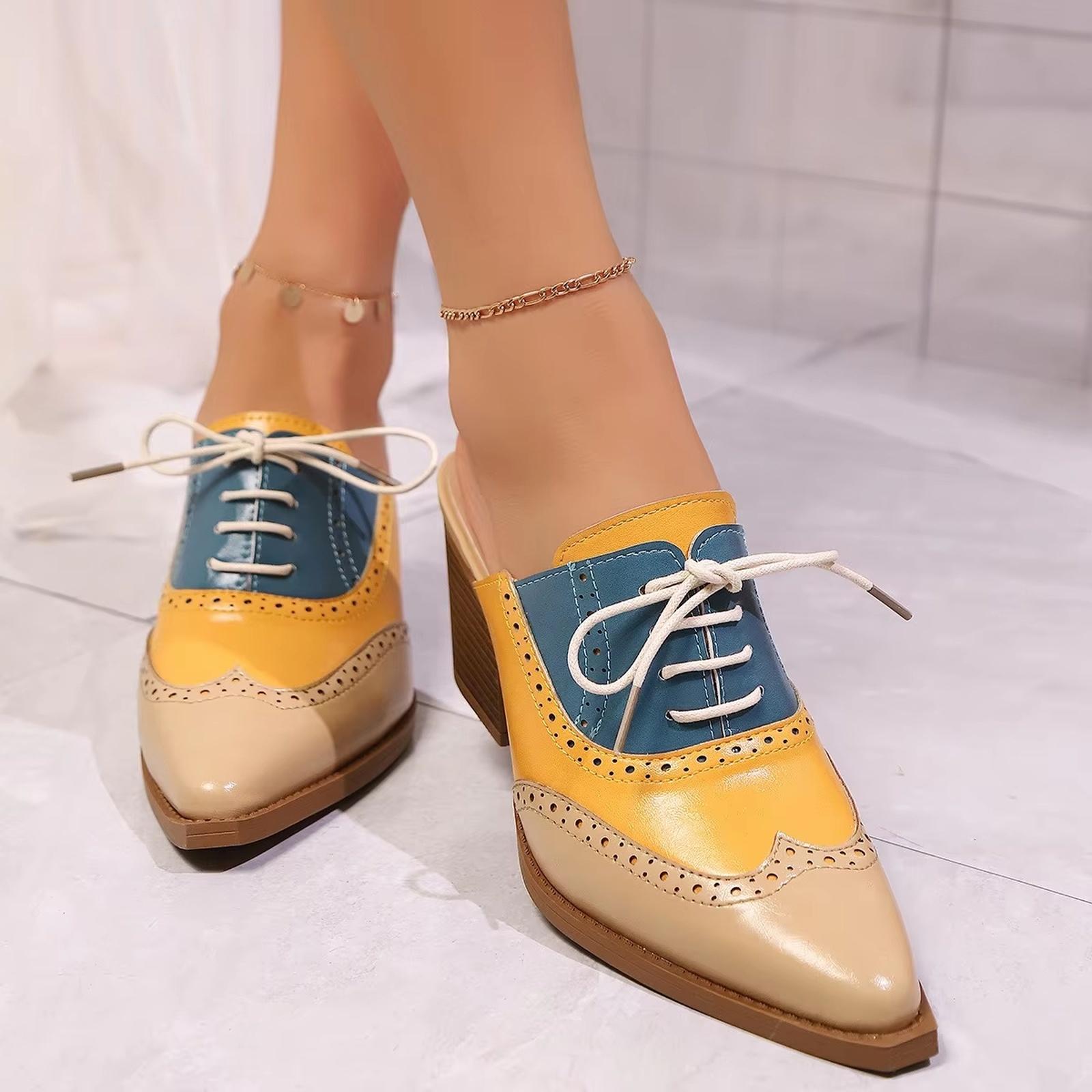 Женские кросс-бордер мюли на каблуке с цветовыми блоками остроносые шлепанцы на шнуровке 37 хаки 2890₽