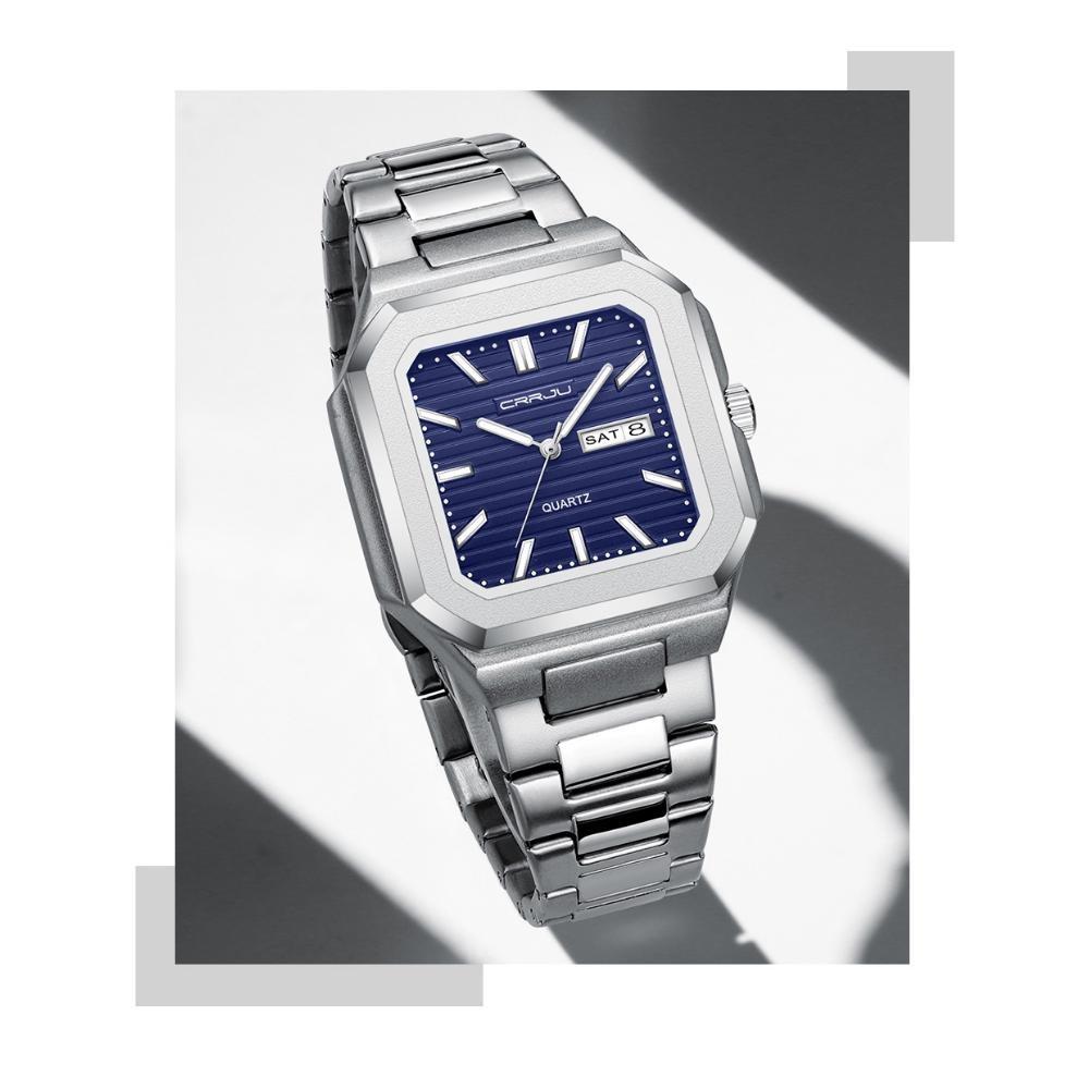 Luxury Men's Quartz Watch Square Case Day Date Display Stainless Steel Wristwatch