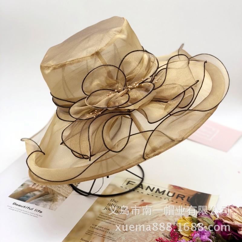 Chapeau d'été pour femme version coréenne protection solaire tissu anti-UV chapeau de soleil chapeau haut de forme en organza fleur à large bord maille
